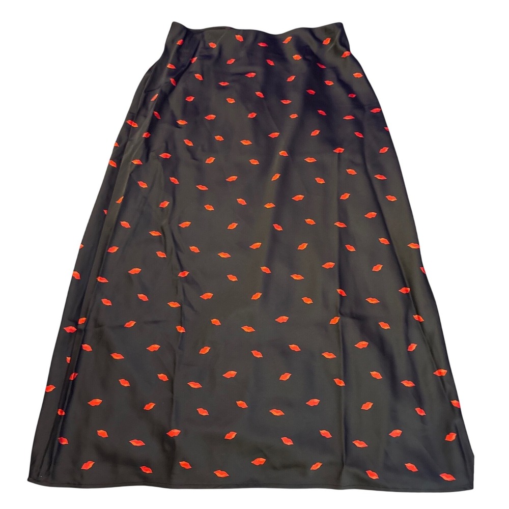 A New Day Womens Black Red Lips Print Silky Midi Skirt Size Medium
